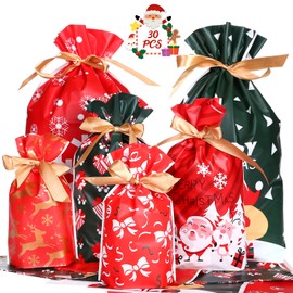 GWHOLE Pack of 30 Christmas Gift Bags with Drawstring Christmas Bags Gift Wrapping Candy Bags Set Gift Bag Gift Bag for Filling, Reusable