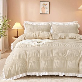 Guchuang Bedding Duvet Cover Set Double Size, Beige Seersucker & Ruffled Design 3-Piece Bedding Set - Soft Microfiber, Wrinkle-Resistant & Decorative Duvet Cover with Hidden Zipper (Double, 200x200cm)