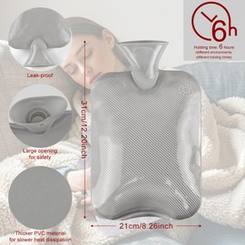 Tetnsk Hot Water Bottle with Cover, 2L Classic Rubber Hot Water Bag for Hand Feet Warmer Grey