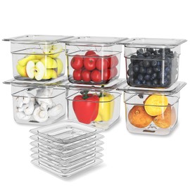 HNEDSEN 6 Pack Plastic Food Pan with Lid 1/6 Size 4 Inch Deep Restaurant Clear Food Storage Containers Polycarbonate Commercial Hotel Pans for Fruits Vegetables Beans Corns (6 PCS, 4'' Deep)