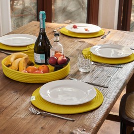Art PineCone's Woven Cotton Rope Round Placemats Set of 4 with Holder Included, Non-Slip, and Heat Resistant for Your Perfect Table Decor! (Yellow, 13 inch)