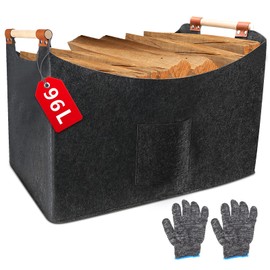 WJMY Firewood Basket Felt XXL (96L, 60 x 40 x 40 cm), Large Wood Basket for Firewood, Extra Thick Felt, Foldable Firewood Basket, with Wooden Handle and Gloves, for Firewood, Shopping (60 x 40 x 40 cm