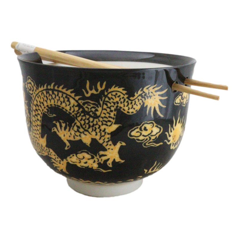 Black And Yellow Dragon King Ceramic Donburi Ramen Bowl With