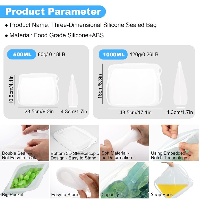 Reusable Silicone Storage Bags, 2 PCS Stand Up Food Grade