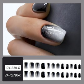 Black White Gradient Press on Nails Short Square Fake Nails with Glitter Design Full Cover False Nail Sparkly Glue on Nails Reusable Acrylic Nail for Women DIY Manicure Decoration 24 Pcs