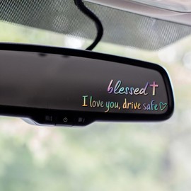 I Love You Driving Safe Rearview Mirror Decal, Feihuaer Christian Blessed Vinyl Car Decal, Cute Stickers Self Affirmations Mirror Window Decor Universal Car Accessories for Women(2pcs, Laser Silver)