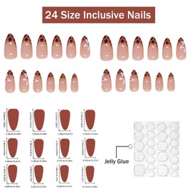 Yamobi 24 Pieces False Nails, Almond Nails with Designs White Flower, Leopard Print, Cheetah Pattern, Shiny Nails for Glue, Nails for Women and Girls