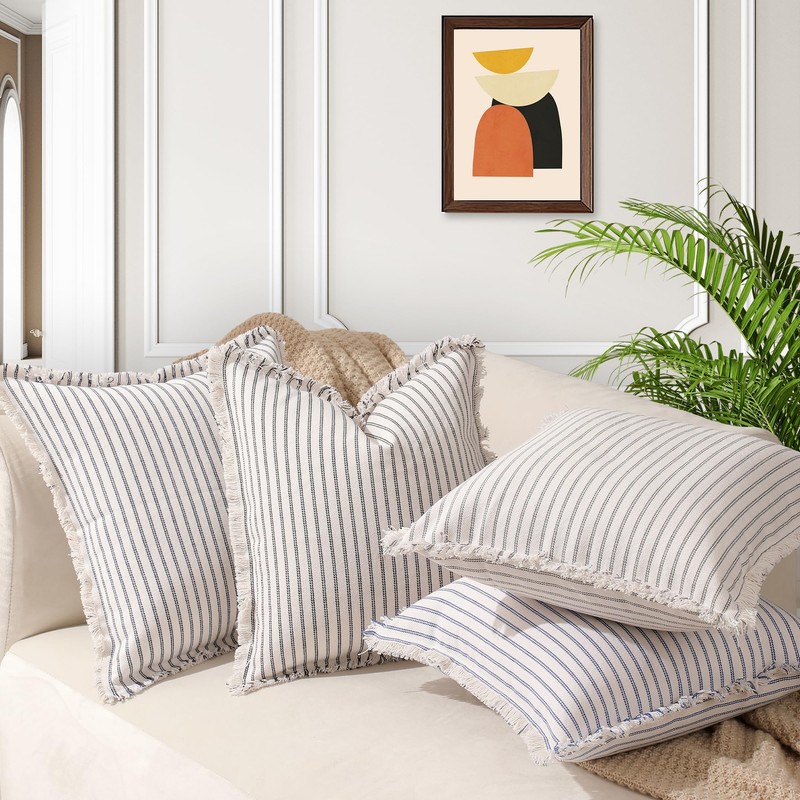 Hearthia Striped Throw Pillow Covers, Chic Fringe Pillowcases with Zipper