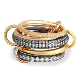 Decholly Gold Stackable Rings for Women, 18K Gold Plated Black Cubic Zirconia Rings, Rose Gold Multi Ring Mixed Metals Stackable Ring Set for Women Non Tarnish Size 7