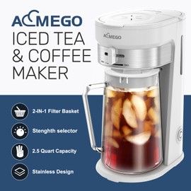 AEMEGO Iced Tea Maker, Brewing System with 2.5-quart Glass Pitcher, sliding strength selector, Stainless Steel Decoration, Reusable Filter（white）