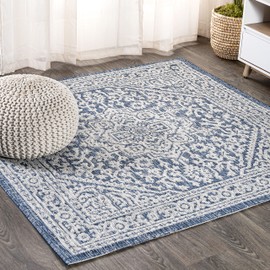 JONATHAN Y SMB101B-9SQ Sinjuri Medallion Textured Weave Navy/Gray 9' Square Indoor/Outdoor Area Rug, Pet Friendly, Non-Shedding, Stain Resistant, Easy-Cleaning for Backyard, Patio, Porch