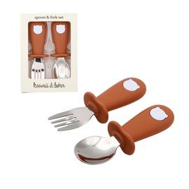 kawaii&born Cutlery Set, Spoon & Fork Set, Includes Box, Baby Food, Dishwasher Safe, For Kids, Easy To Grip, Baby Shower, Baby Shower Preparation, Baby (Terracota)