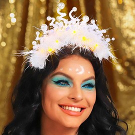 Evlry LED Feather Crown and Tiaras Luminous Pearl Headband Luminous Bridal Crowns Wedding Hair Accessories for Women