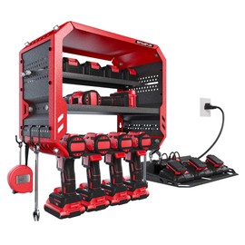 Christmas Gift for Men - End His Garage Clutter | Red Power Tool Organizer Wall Mount with Charging Station | All-in-One 3-Tier Heavy Duty Tool Rack with 420lb Capacity for Dad, Husband, DIYers