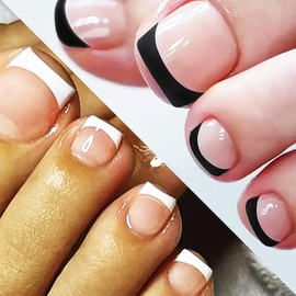 48Pcs French Tips Press on Toenails with French Design Glossy Black-White French Acrylic Short Square Fake Toe Nails Gel Glue on Nails French Full Cover False Toenails Stick on Nails for Women Girls
