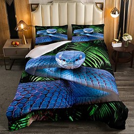 Erosebridal Snake Comforter Set Twin, Blue Snake Duvet Set, 3D Reptile Bedding Comforters, Blue Scales Quilt Set, Palm Leaf Wild Animal Stylish Quilted Duvet for Kids Boys Teens Man Bedroom Decor