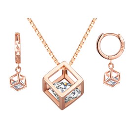 Yumilok Women's Stud Earrings Necklace Chain with Rubik's Cube Pendant Cubic Zirconia Solitaire Earrings Hoop Jewellery Sets Gift for Women Girls Rose Gold, Sterling Silver, Cubic Zirconia