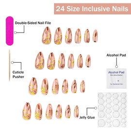 Press on Nails Medium Almond SWEKKE Fake Nails False Nails with Designs Yellow & Orange Maple Leaves Full Cover Glossy Glue on Nails Autumn Fall Acrylic Nails for Women Girls 24 Pcs