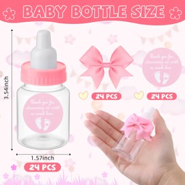 Teenyyou 24 Sets 3.5 Inch Pink Mini Baby Bottles for Baby Shower Party Favor Game Plastic Milk Bottles with Thank You Showering Stickers and Bows Baby Shower Thank You Gifts for Guests Candy Decor