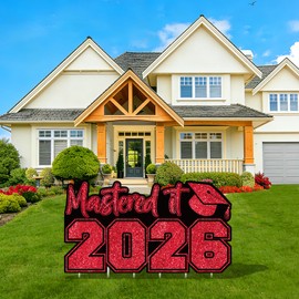 Mastered It 2026 Graduation Yard Sign with Stakes - Black and Red Masters Degree Graduation Party Decorations, Large Waterproof Outdoor Lawn Corrugated Plastic Sign for MBA MA MS Class of 2026, 31"x17"