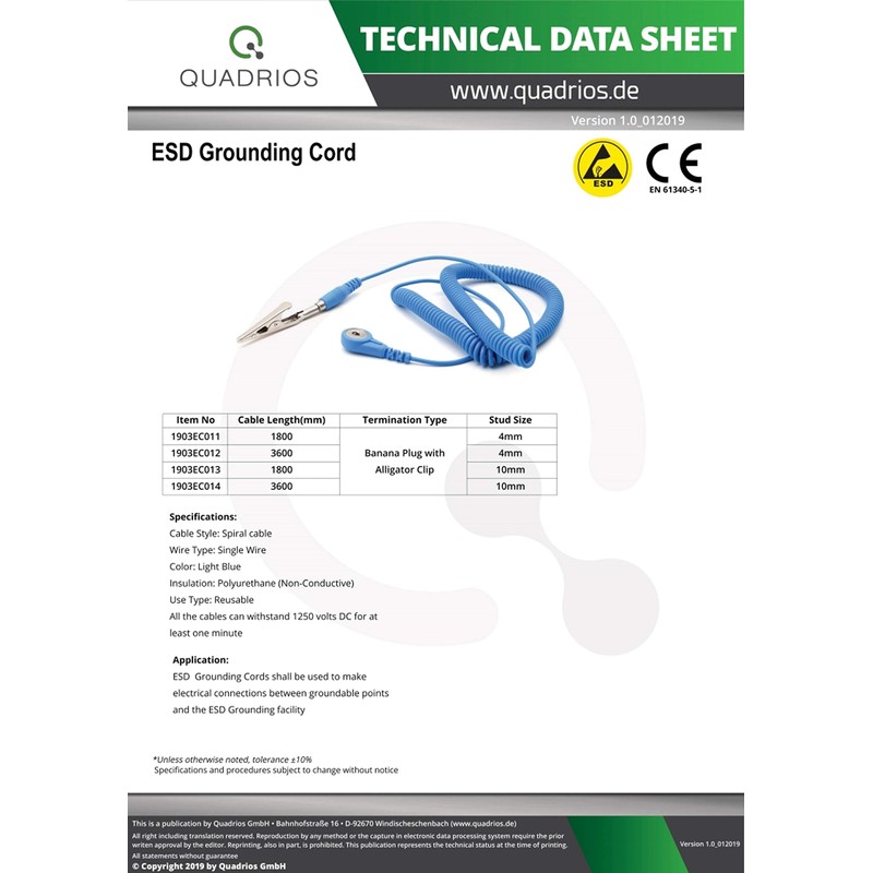 QUADRIOS GmbH ESD Protection Spiral Cable Earth Cable 10 mm