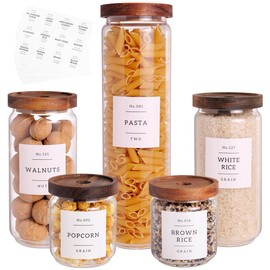5 Set Glass Pantry Storage Jars with Acacia Airtight Lid - Thicken Glass Kitchen Canisters with 132 Pantry Labels - Clear Glass Food Storage Containers with Wood Lid for Tea,Sugar,Candy,Cookie,Pasta