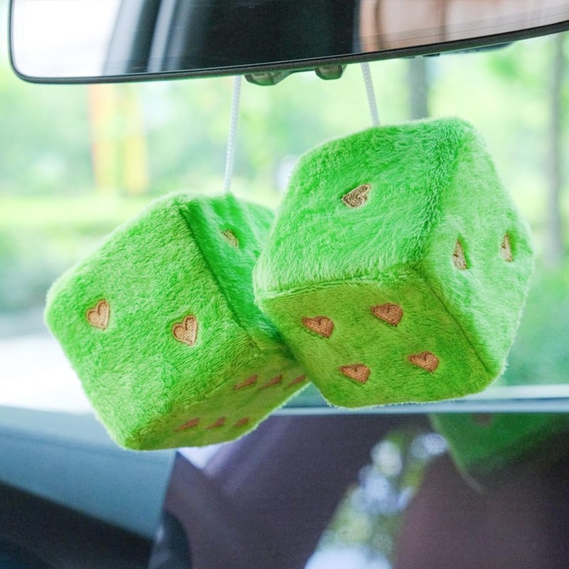 Pair 3” Fuzzy Plush Dice Heart Shape Decor for Car