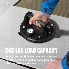 POWERTEC 8 Inch Heavy Duty Vacuum Suction Cups with Pressure Gauge & 286 lbs Load Capacity 1PK, Handheld Vacuum Suction Cup Lifter to Lift Large Tiles, Granite, Marbles & Windshield Removal (71883V)