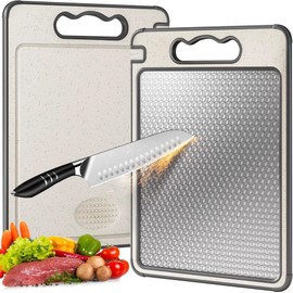 Korekaou Double Sided Cutting Board, Multi-functional, 304 Stainless Steel and Straw Material, Cutting Vegetables When Cutting Meat, Sharpening and Polishing Function, Anti-Slip, Spill Proof, Durable,