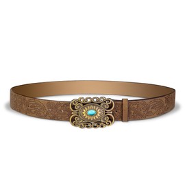 Faletony Women's Western Belt Vintage Embossed Leather Cowboy Cowgirl Belt for Jeans Dress Rodeo Country Concert 110CM