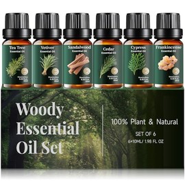 Woody Essential Oils Set, Pure Sandalwood Cedarwood Tea Tree Cypress Frankincense Vetiver – Natural Aromatherapy for Diffuser, Meditation, Candle & Soap Making – 6x10ml