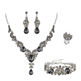EVER FAITH Costume Rhinestone Jewelry Sets for Women, Crystal Floral Wave Teardrop Pendant Necklace Dangle Earrings Bracelet Ring Set Gray Silver-Tone