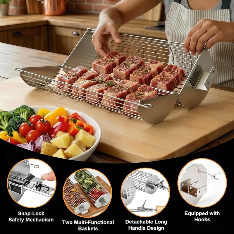 TNTOR Rolling Grill Basket, Larger 304 Stainless Steel Nesting Grilling