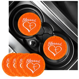 KVAEY 4 PCS Car Cup Holder Coaster, 2.76 Inch Anti Slip Vehicle Drink Mat with Cute Blessed Cross and Heart, Shockproof Cup Holder Coaster for Most Cars, Universal Car Accessories (Orange)