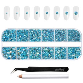 Beadsland Diamantes de imitación para maquillaje, 8 tamaños, 2500 unidades de diamantes de imitación azules AB con parte trasera plana, gemas faciales