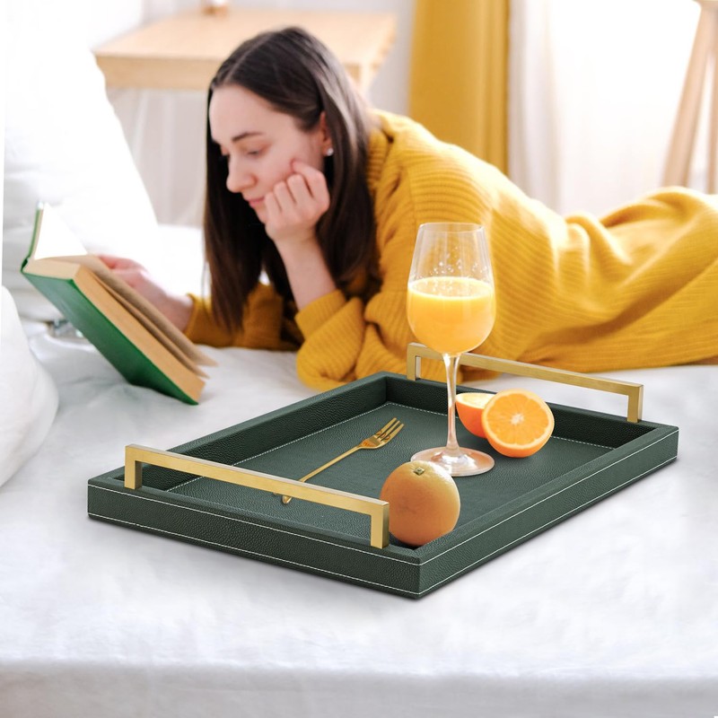 XIGEXIGE Green Decorative Serving Tray,Rectangular Tray for Coffee Table,Faux Leather