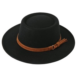 Lanzom Women Vintage Wide Brim Warm Wool Fedora Hat Belt Panama Hat Felt Jazz Hat(B-Black, Medium)