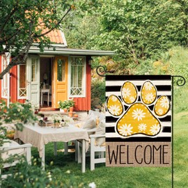 AVOIN colorlife Yellow Paw Print Spring Garden Flag 12x18 Inch Double Sided Outside, Daisy Floral Welcome Stripes Yard Outdoor Flag
