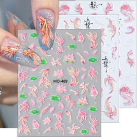 3Pcs Cute Nail Art Stickers Decals 5D Embossed Lucky Koi Fish Nail Stickers Chinese Style Design Loong Phoenix Nails Decals Pink Dragon Manicure Supplies Elegant Spring Nails Art Decorations for Women
