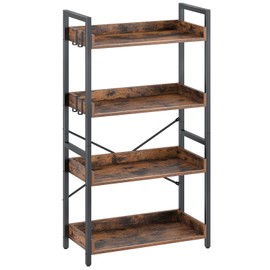Rolanstar Bookshelf 4 Tier with 4 Hooks, Industrial Wood Bookcase, Vintage Storage Rack with Open Shelves, Rustic Standing Bookshelves Metal Frame Display Rack for Living Room, Bedroom, Rustic Brown