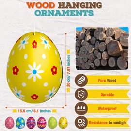 6 Pieces Easter Egg Outdoor Decoration 7.9 Inch Wooden Egg Hanging Ornaments Double Sided Large Colorful Easter Yard Signs for Tree Porch Yard Party Decor