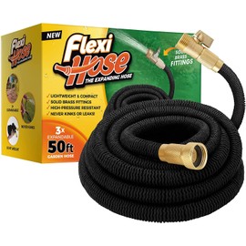 Flexi Hose Lightweight Expandable Garden Hose, 50FT - Retractable Garden Hose, Water Hose - No-Kink Flexibility, 3/4 Inch Solid Brass Fittings and Double Latex Core