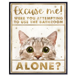 Excuse Me Cat Bathroom Wall Art - Funny Bathroom Wall Decor - Guest Bathroom Accessories - Bath Wall Decor - White Gold Bathroom Decorations for Women Kitty Kitten Cat Lover - Powder room Wall Art
