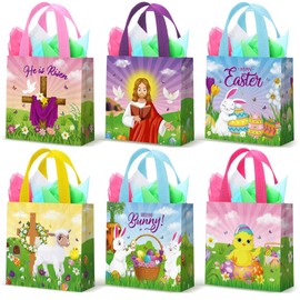 Wesnoy 30 Pack Reusable Religious Easter Gift Bags Easter Non Woven Tote Bags Bulk Bunny Bags with Handles Easter Egg Goodie Shopping Bags with Tissue Paper for Easter Day Christian Party Favors