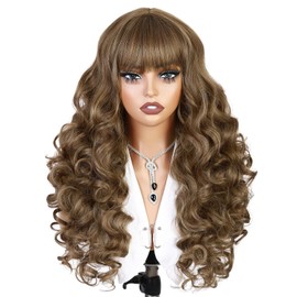 quickwig Long Curly Wig with Bangs Light Brown Fluffy Wavy Wigs 22 Inches Heat Resistant Synthetic Wavy Wig Natural Looking Body Wave Wigs with Bangs for Women Girls Daily Party Use