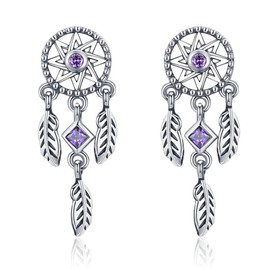 NewL 925 Sterling Silver Vintage Dream Catcher Drop Earrings for Women Purple Cubic Zircon Sterling Silver Jewelry