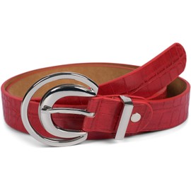 styleBREAKER 03010108 Women's Belt Plain Colours with Crocodile Leather Look and Half Moon Buckle Can Be Shortened, red