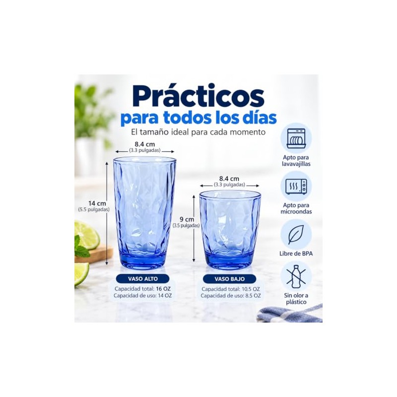 Vasos de plástico Irrompibles, Juego de 8 (4 Altos 16oz