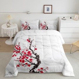 Erosebridal Cherry Blossom Bedding Set Full 3Pcs,White Grey Marble Comforter Set for Girls Women Red Flower Floral Quilt Duvet Japanese Style Down Comforter Botanical Theme Duvet Sets,Soft