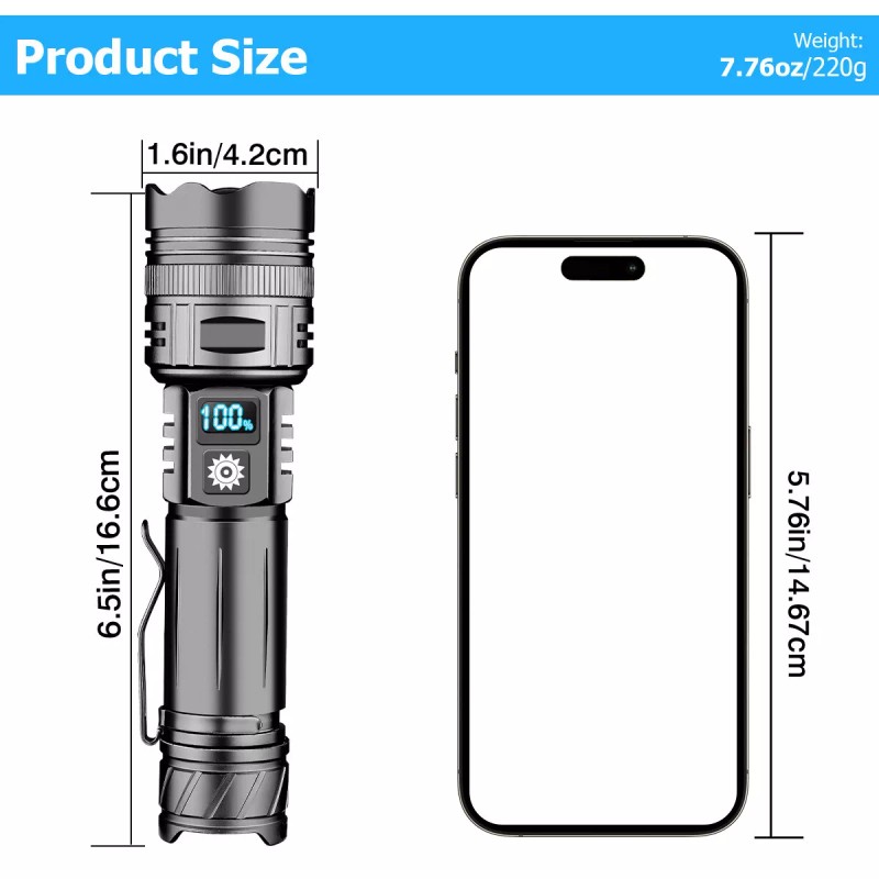 Garberiel 1000000LMS Powerful Rechargeable LED Flashlight Tactical 30W Zoom Torch